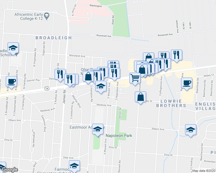 map of restaurants, bars, coffee shops, grocery stores, and more near 26 South Weyant Avenue in Columbus