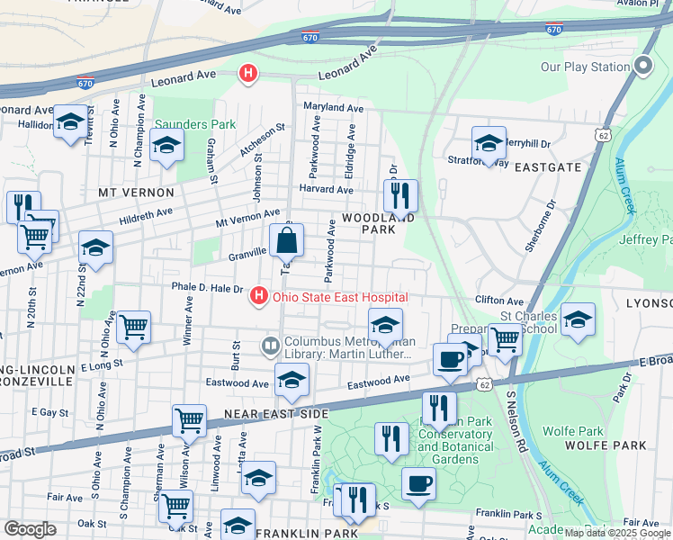map of restaurants, bars, coffee shops, grocery stores, and more near 1609 Richmond Avenue in Columbus