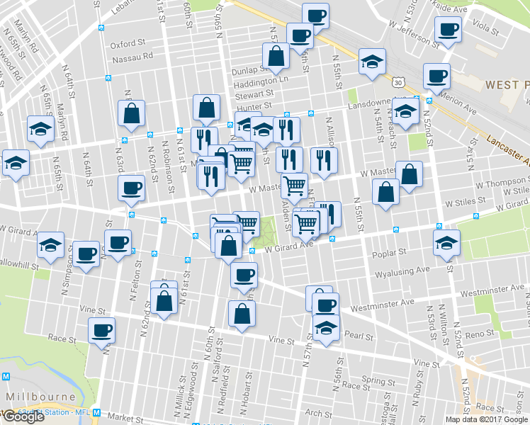 map of restaurants, bars, coffee shops, grocery stores, and more near 5815 West Thompson Street in Philadelphia