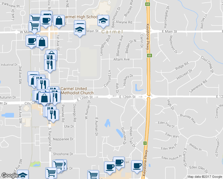 map of restaurants, bars, coffee shops, grocery stores, and more near 615 Kinzer Avenue in Carmel