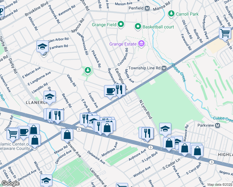 map of restaurants, bars, coffee shops, grocery stores, and more near 20 Juniper Road in Havertown