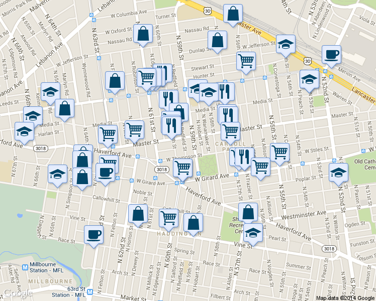 map of restaurants, bars, coffee shops, grocery stores, and more near 1313 North Redfield Street in Philadelphia