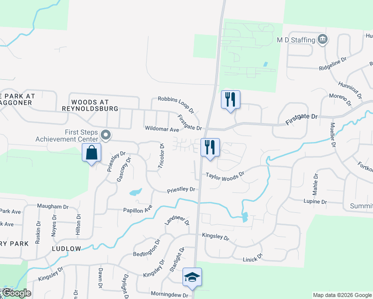 map of restaurants, bars, coffee shops, grocery stores, and more near 8601 Victoria Meadow Lane in Reynoldsburg