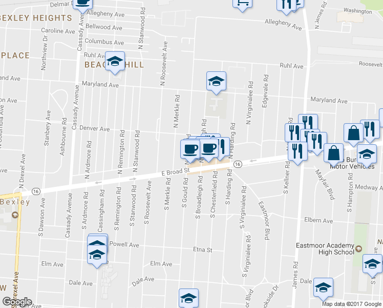 map of restaurants, bars, coffee shops, grocery stores, and more near 46 N Gould Rd in Columbus