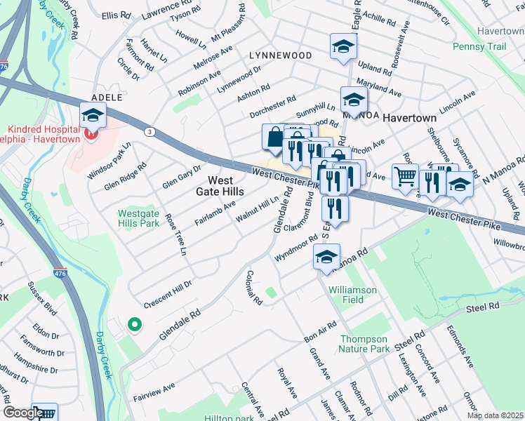 map of restaurants, bars, coffee shops, grocery stores, and more near 109 Walnut Hill Lane in Havertown