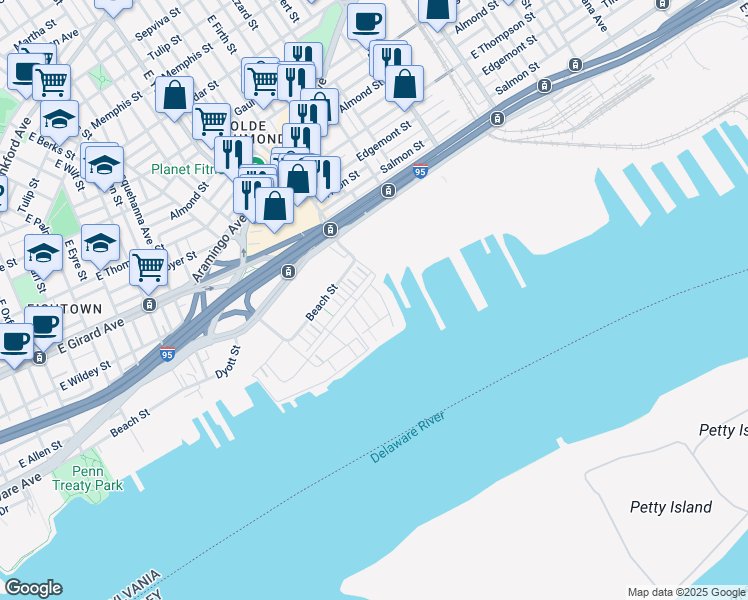 map of restaurants, bars, coffee shops, grocery stores, and more near 3127 Sunrise Walk in Philadelphia