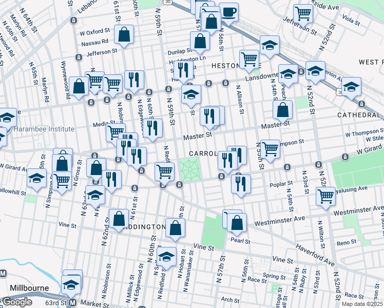 map of restaurants, bars, coffee shops, grocery stores, and more near 5815 West Thompson Street in Philadelphia
