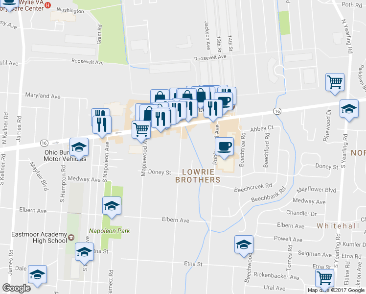 map of restaurants, bars, coffee shops, grocery stores, and more near 64 Collingwood Avenue in Whitehall