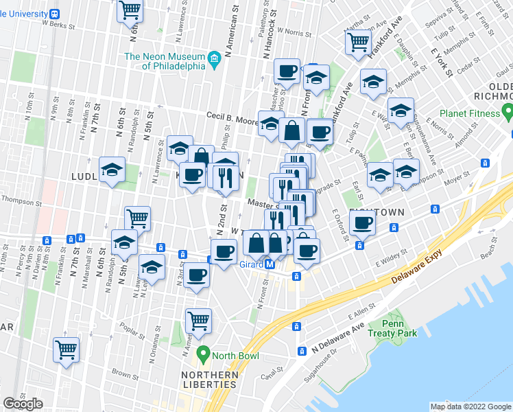 map of restaurants, bars, coffee shops, grocery stores, and more near 1353 North Mascher Street in Philadelphia
