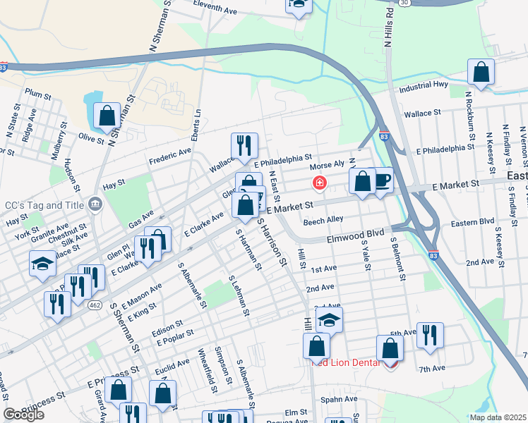 map of restaurants, bars, coffee shops, grocery stores, and more near 1320 East Market Street in York