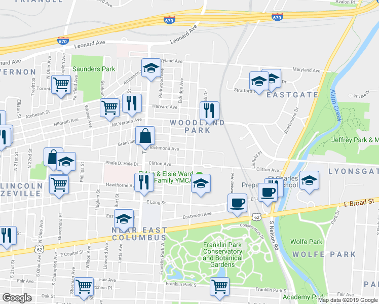 map of restaurants, bars, coffee shops, grocery stores, and more near 223 Woodland Avenue in Columbus
