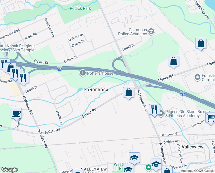 map of restaurants, bars, coffee shops, grocery stores, and more near 3181 Ponderosa Drive in Columbus