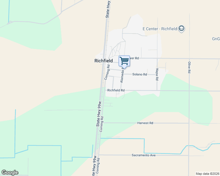 map of restaurants, bars, coffee shops, grocery stores, and more near 23070 Richfield Road in Corning