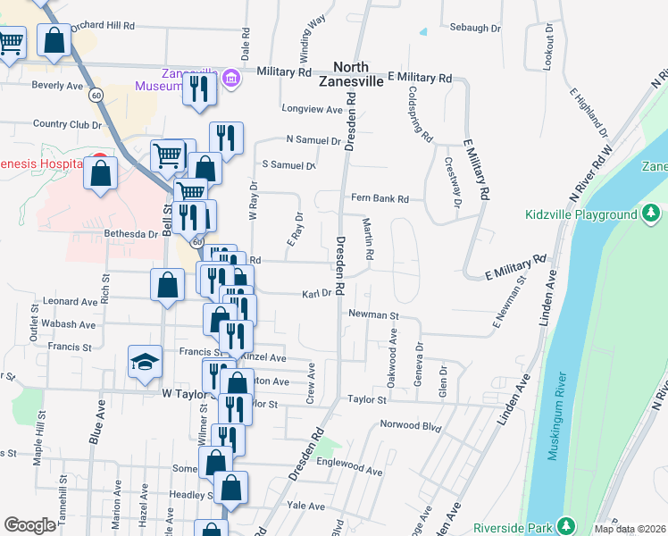 map of restaurants, bars, coffee shops, grocery stores, and more near 2663 Dresden Road in Zanesville