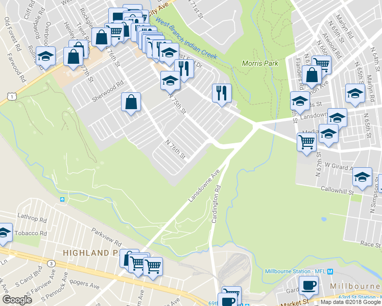 map of restaurants, bars, coffee shops, grocery stores, and more near 1306 Kimberly Drive in Philadelphia