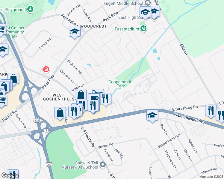 map of restaurants, bars, coffee shops, grocery stores, and more near 218 Spring Lane in West Chester