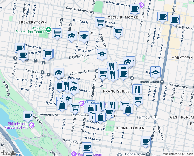 map of restaurants, bars, coffee shops, grocery stores, and more near 909 Corinthian Avenue in Philadelphia