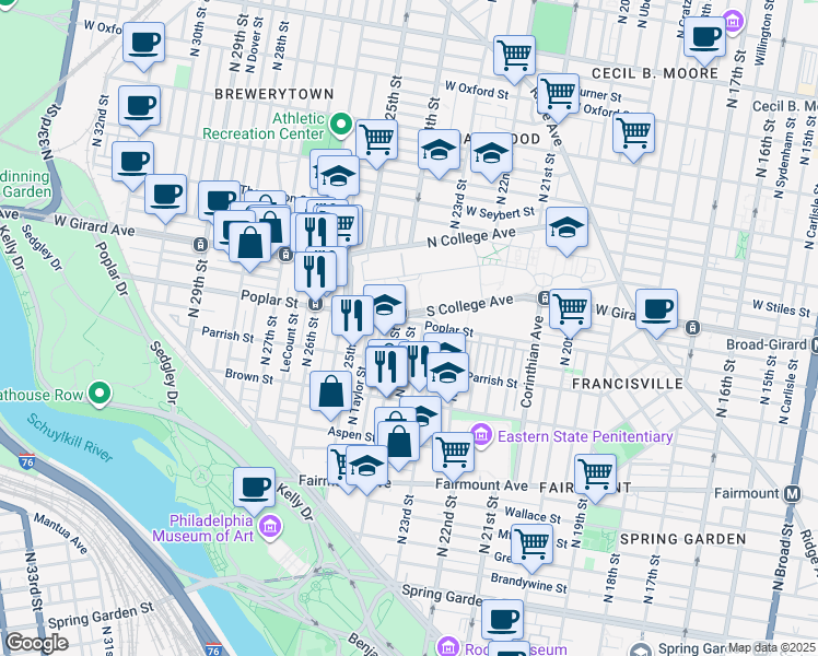 map of restaurants, bars, coffee shops, grocery stores, and more near 2328 Poplar Street in Philadelphia