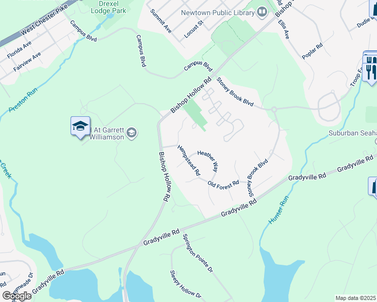 map of restaurants, bars, coffee shops, grocery stores, and more near 30 Heather Way in Newtown Square