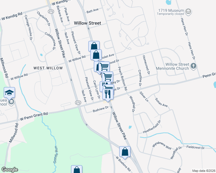map of restaurants, bars, coffee shops, grocery stores, and more near 2921 Willow Street Pike North in Willow Street