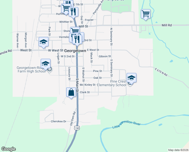 map of restaurants, bars, coffee shops, grocery stores, and more near 219 Oak Street in Georgetown