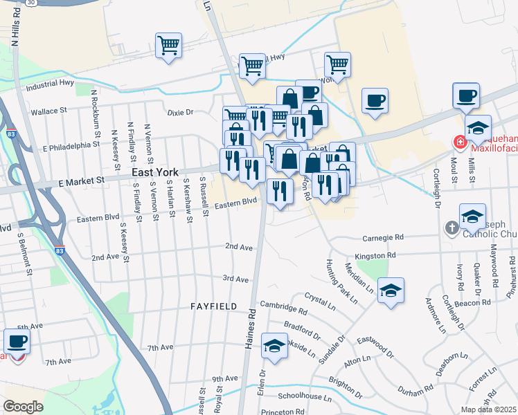 map of restaurants, bars, coffee shops, grocery stores, and more near 110 Haines Road in East York