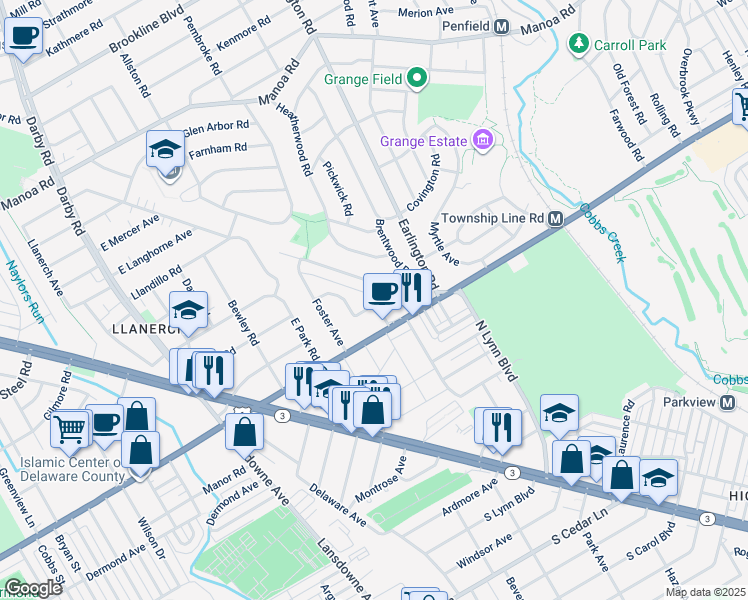 map of restaurants, bars, coffee shops, grocery stores, and more near 346 Spring Road in Havertown