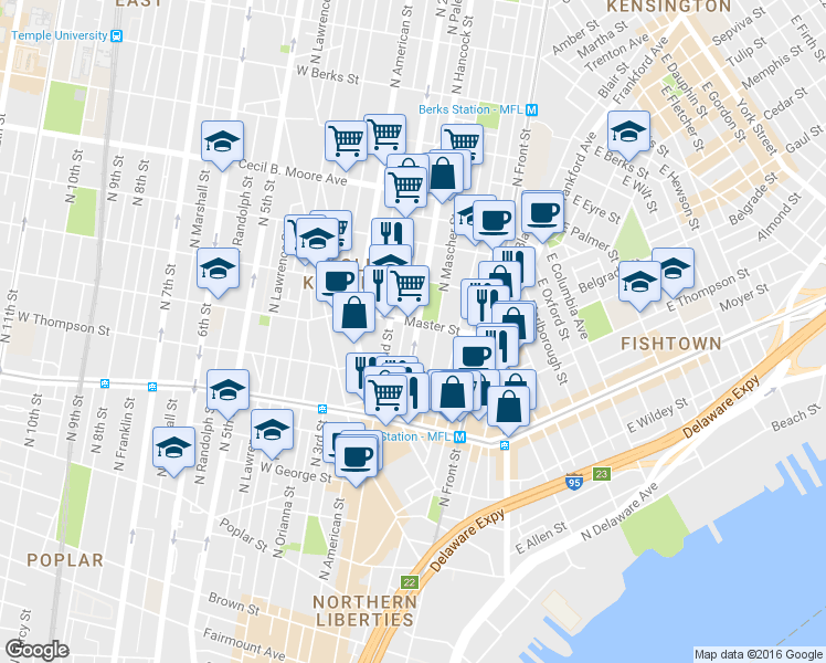 map of restaurants, bars, coffee shops, grocery stores, and more near 1350 N Hancock St in Philadelphia