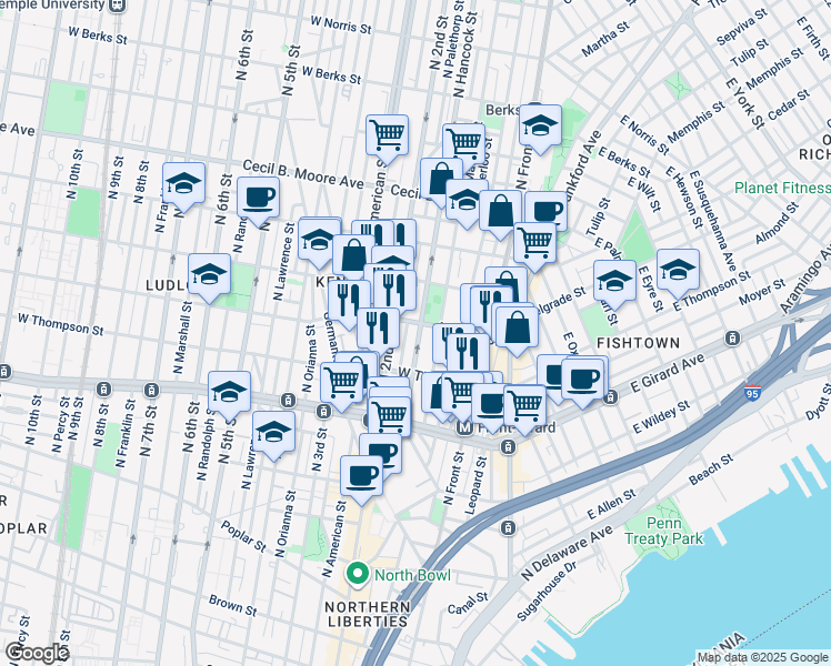 map of restaurants, bars, coffee shops, grocery stores, and more near 1350 N Hancock St in Philadelphia