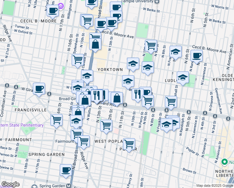 map of restaurants, bars, coffee shops, grocery stores, and more near 1126 Custis Place in Philadelphia