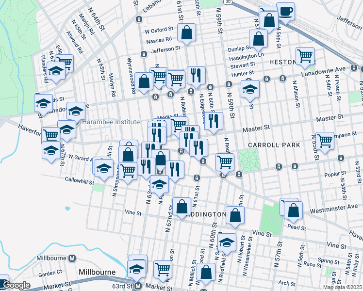map of restaurants, bars, coffee shops, grocery stores, and more near 1319 North 62nd Street in Philadelphia
