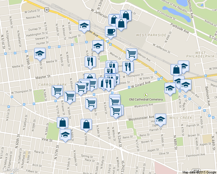map of restaurants, bars, coffee shops, grocery stores, and more near 5212 West Stiles Street in Philadelphia