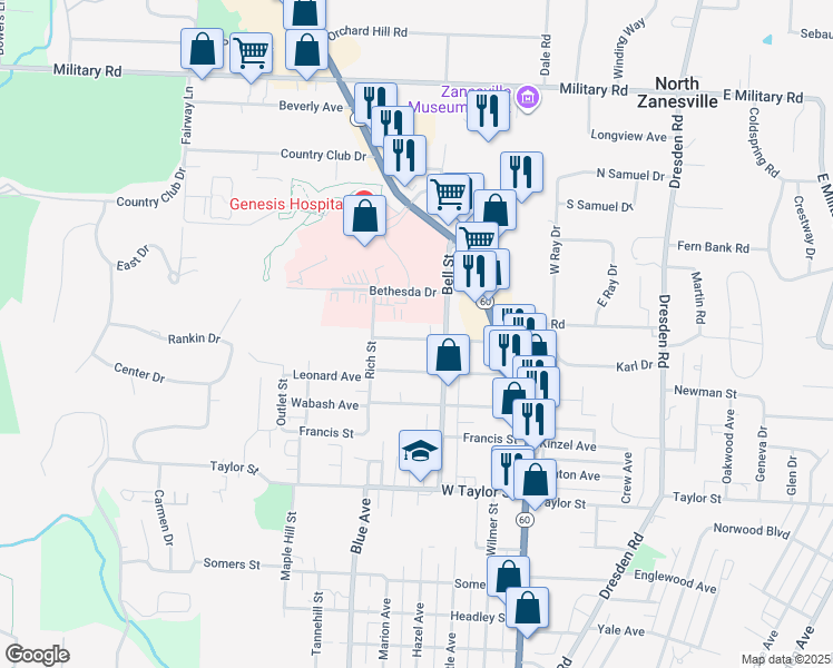 map of restaurants, bars, coffee shops, grocery stores, and more near 835 Princeton Avenue in Zanesville
