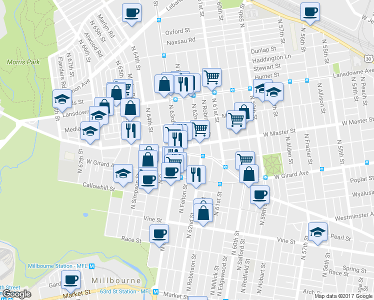 map of restaurants, bars, coffee shops, grocery stores, and more near 6239 Haverford Avenue in Philadelphia