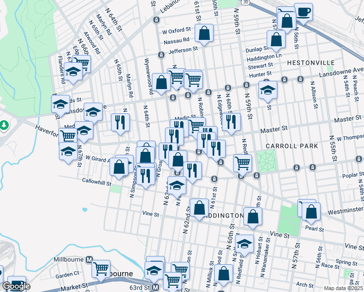 map of restaurants, bars, coffee shops, grocery stores, and more near 6243 Haverford Avenue in Philadelphia