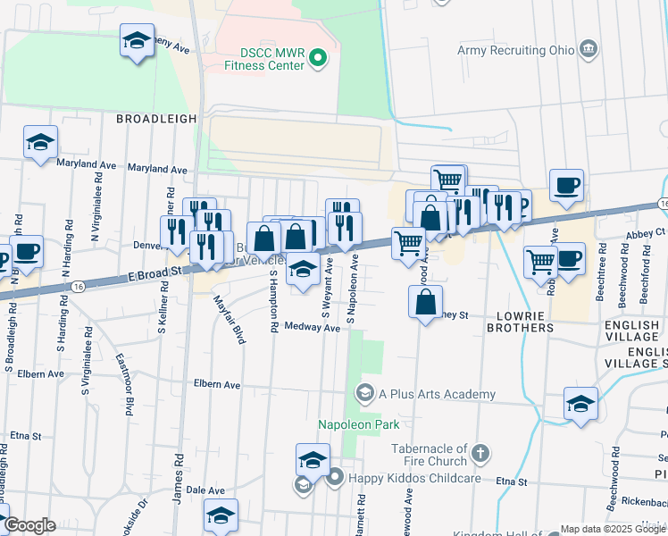 map of restaurants, bars, coffee shops, grocery stores, and more near 26 South Weyant Avenue in Columbus