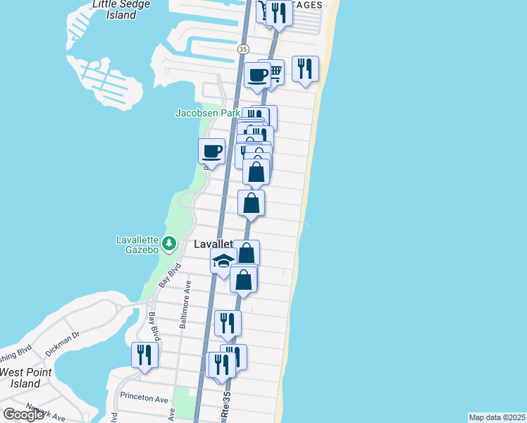 map of restaurants, bars, coffee shops, grocery stores, and more near 807 Grand Central Avenue in Lavallette
