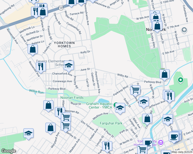 map of restaurants, bars, coffee shops, grocery stores, and more near 763 Oatman St in York