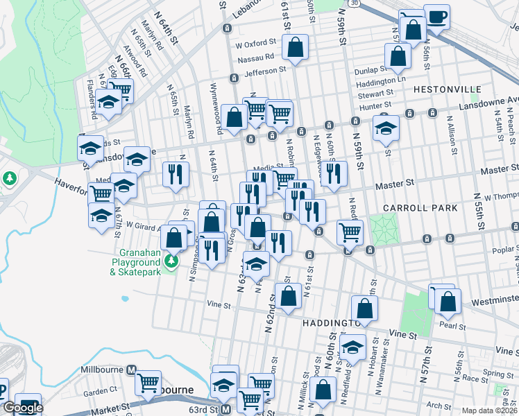 map of restaurants, bars, coffee shops, grocery stores, and more near 6249 Haverford Avenue in Philadelphia