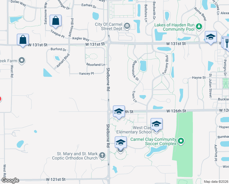 map of restaurants, bars, coffee shops, grocery stores, and more near 12701 Shelborne Road in Carmel