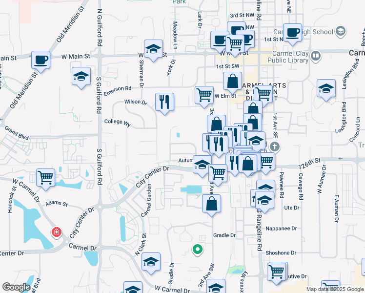 map of restaurants, bars, coffee shops, grocery stores, and more near 417 Atherton Drive in Carmel