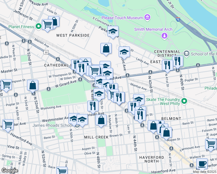 map of restaurants, bars, coffee shops, grocery stores, and more near 4635 Merion Avenue in Philadelphia