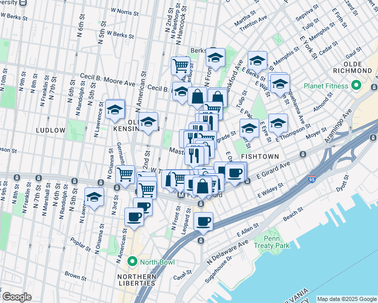 map of restaurants, bars, coffee shops, grocery stores, and more near 105 West Master Street in Philadelphia