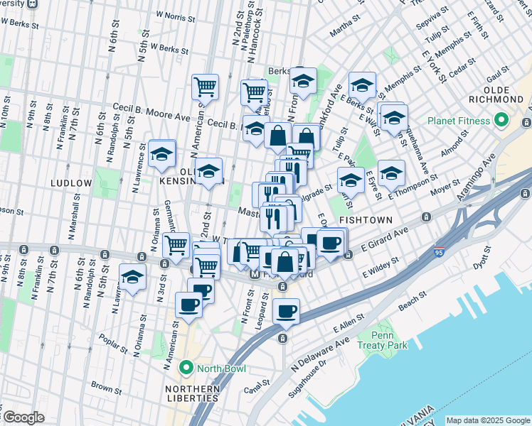 map of restaurants, bars, coffee shops, grocery stores, and more near 105 West Master Street in Philadelphia