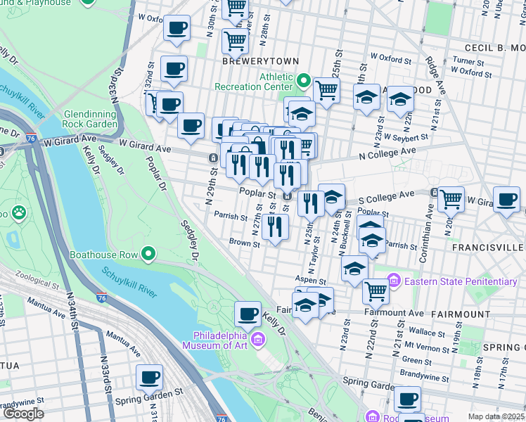 map of restaurants, bars, coffee shops, grocery stores, and more near 869 North 27th Street in Philadelphia