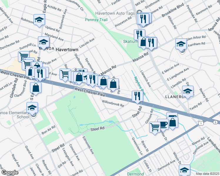 map of restaurants, bars, coffee shops, grocery stores, and more near 28 Upland Road in Havertown