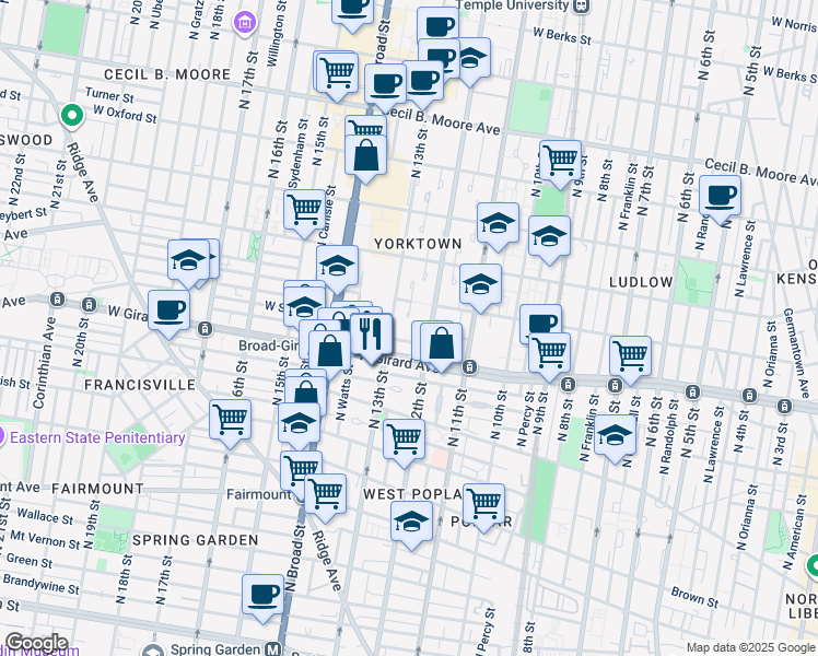 map of restaurants, bars, coffee shops, grocery stores, and more near 1222 Valley Forge Place in Philadelphia