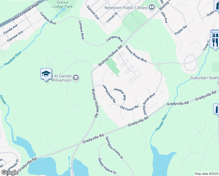 map of restaurants, bars, coffee shops, grocery stores, and more near 30 Heather Way in Newtown Square