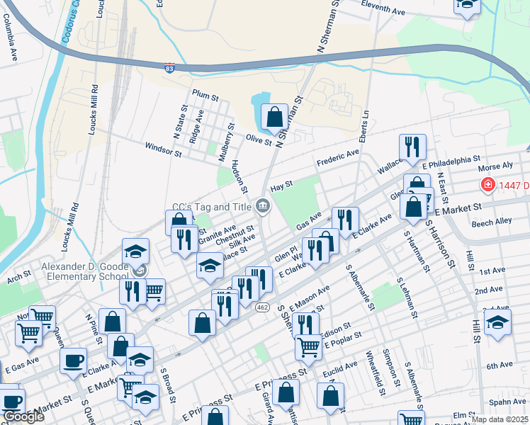 map of restaurants, bars, coffee shops, grocery stores, and more near 257 North Sherman Street in York