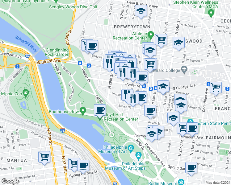 map of restaurants, bars, coffee shops, grocery stores, and more near 2819 Parrish Street in Philadelphia